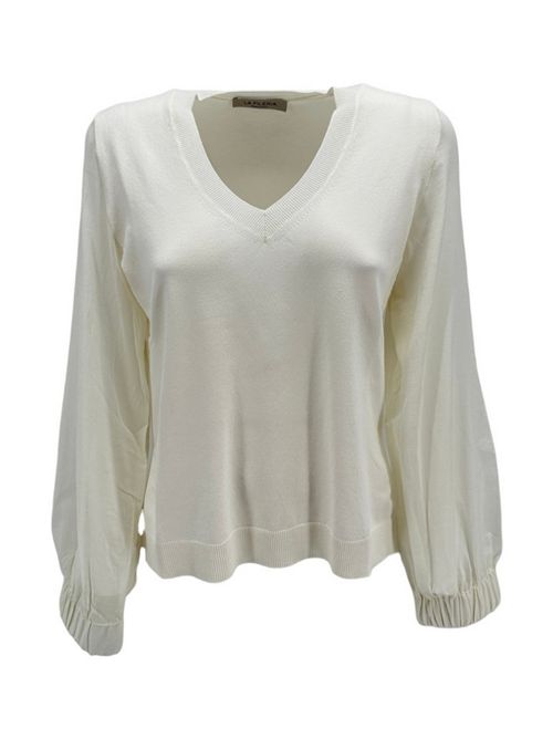 Women's ivory v-neck sweater with muslin sleeves La fileria | 57240-24340004